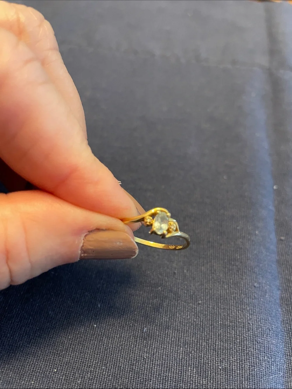 14KP Gold Ring with Marquise Blue Topaz Stone + 2 Diamond Accent Chips - Picture 3 of 3